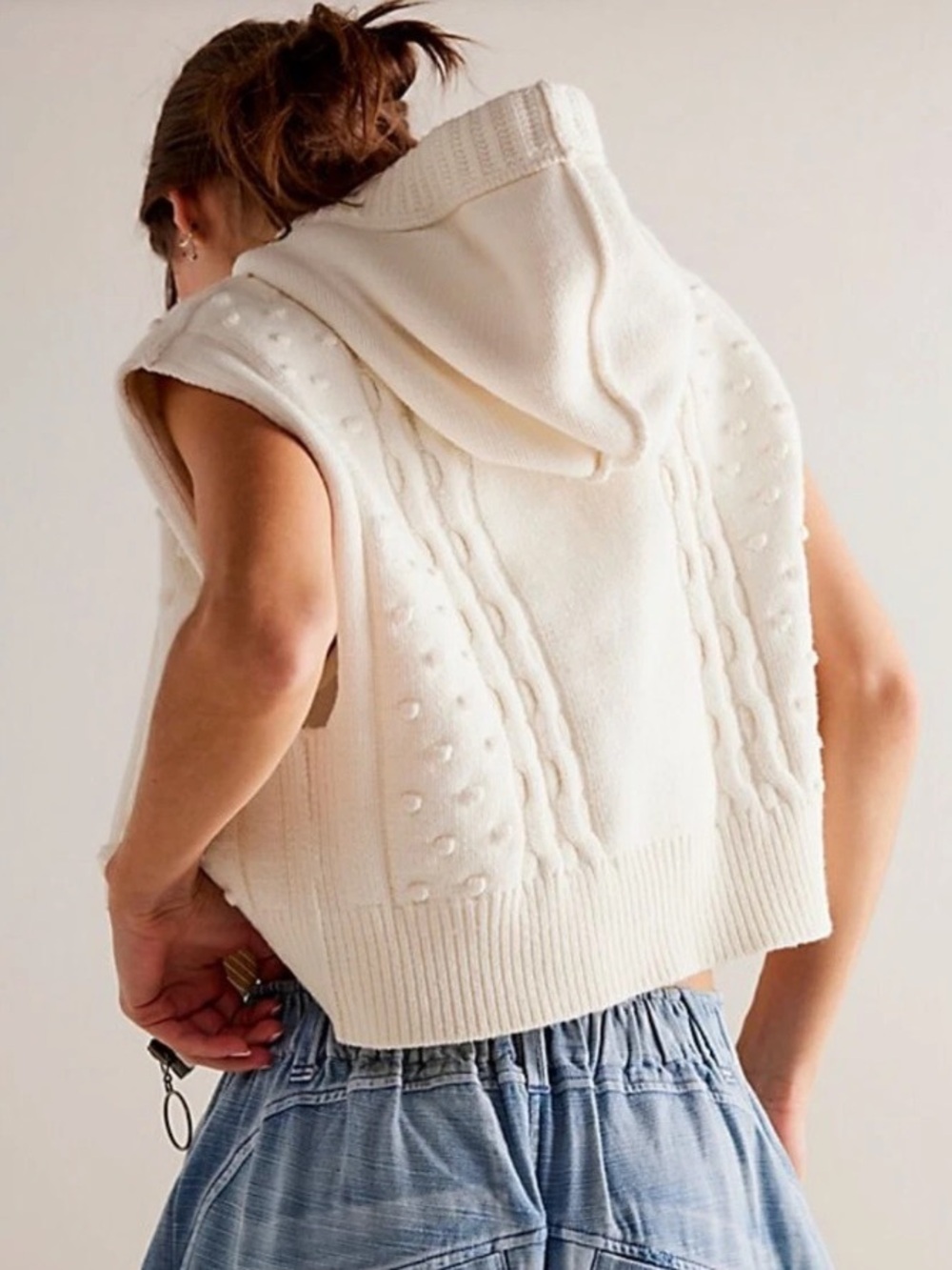 We The Free Coastal Zip-Up Hoodie Pom Vest Ivory Knit